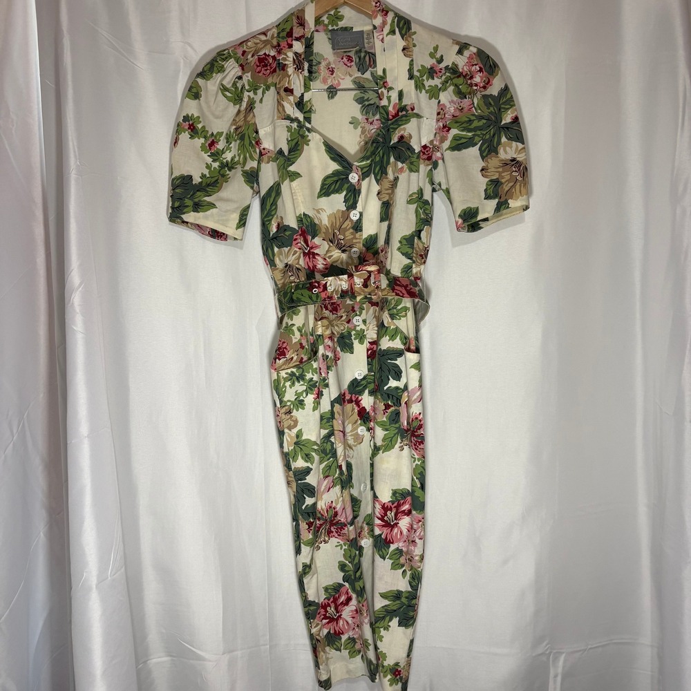 Vintage 80s Carol Anderson Floral Midi Dress Belted Puff Sleeve Petite Size 4